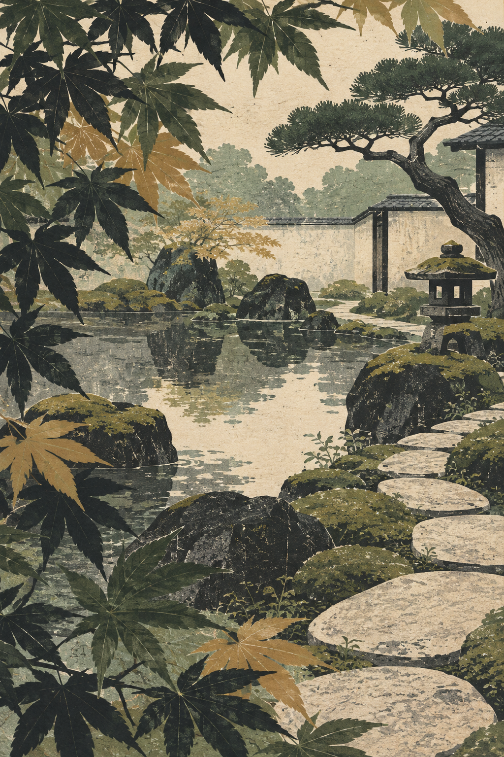 Rain-Washed Japanese Garden — A4 Digital Art Print