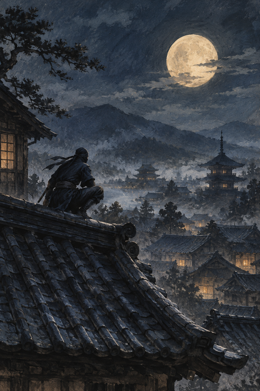Ninja on Moonlit Rooftops — 3-Size Printable Wall Art