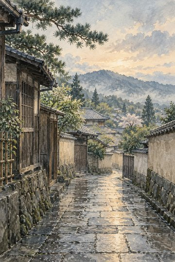 Rain-Kissed Village Lane — A4 Digital Art Print
