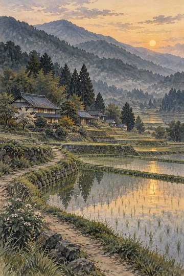Golden Hour Rice Terraces — A4 Digital Art Print