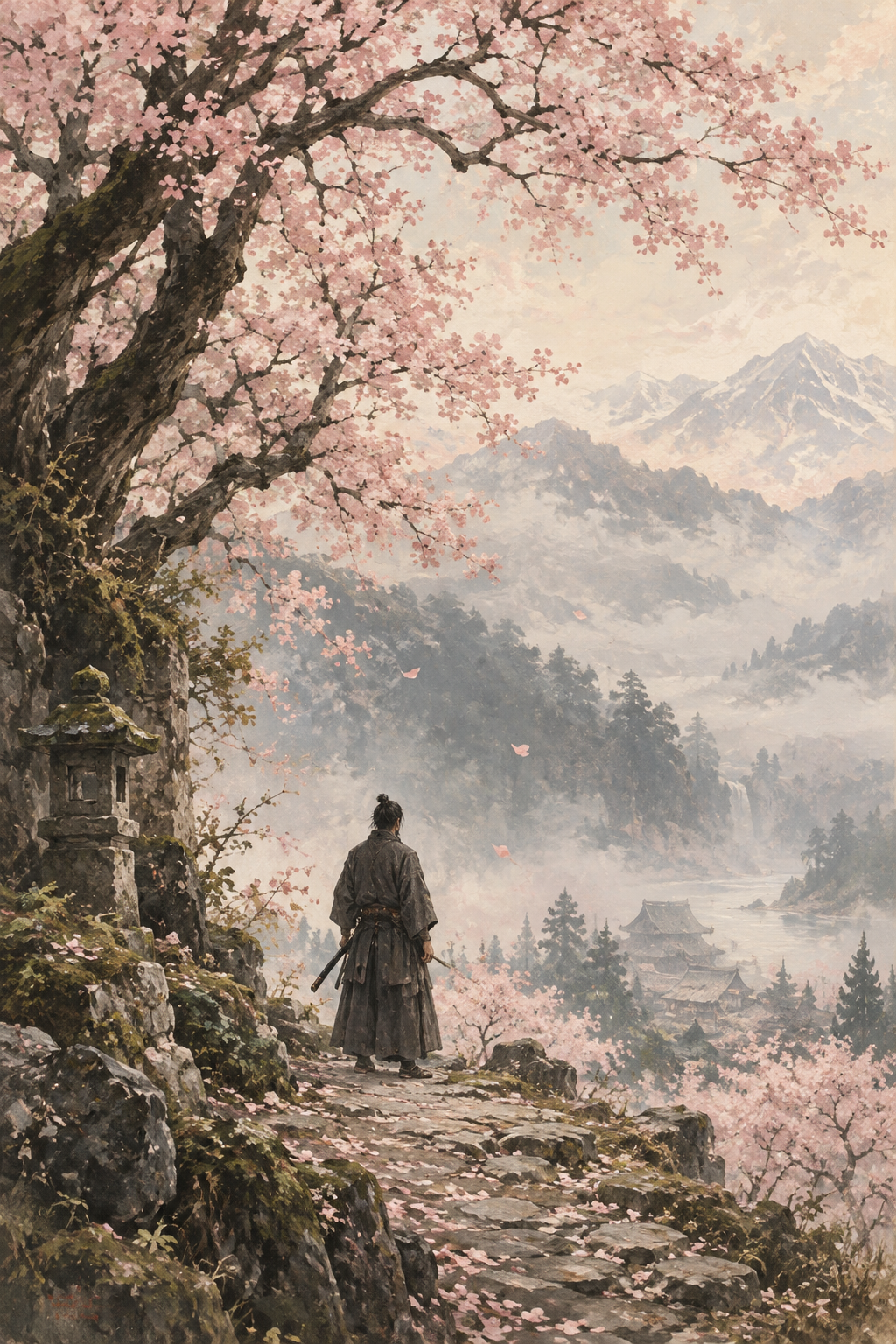 Ronin in Sakura Mist — 3-Size Printable Wall Art