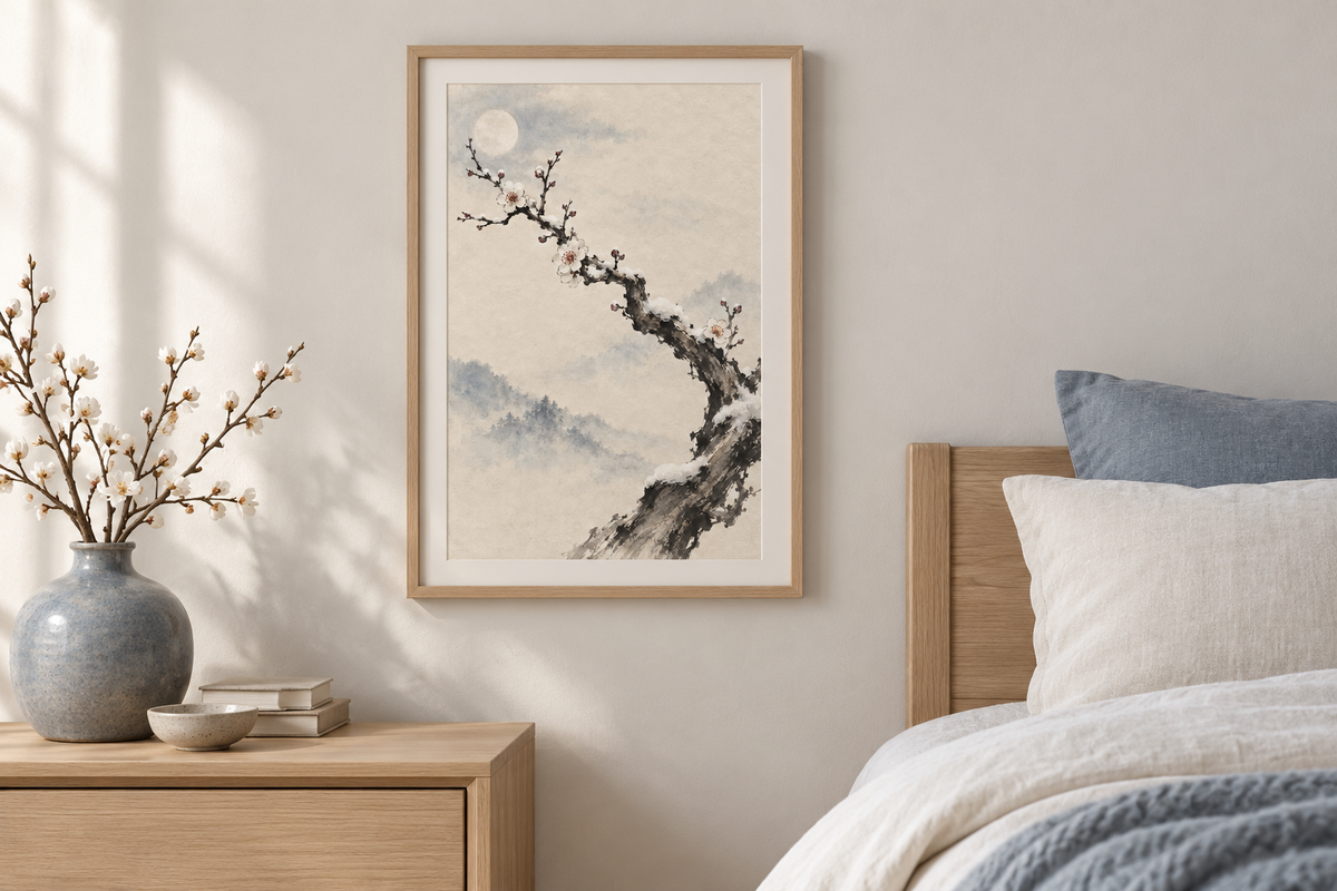 White Plum Beneath a Winter Moon — 3-Size Printable Wall Art