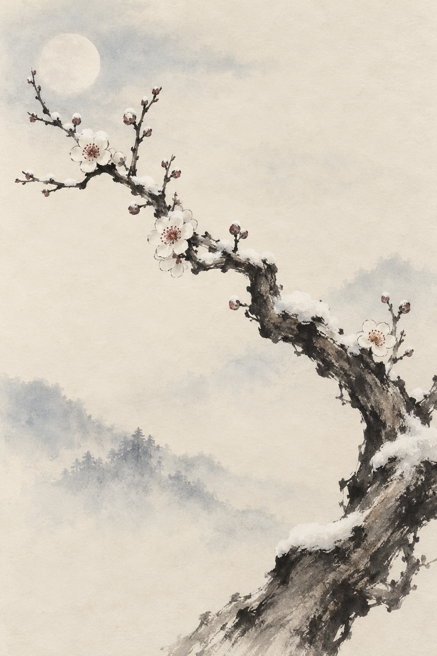 White Plum Beneath a Winter Moon — 3-Size Printable Wall Art